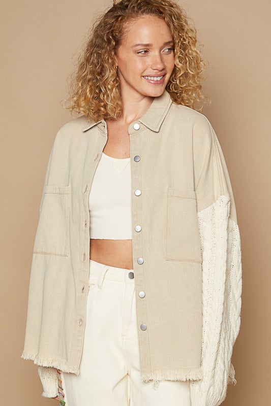 Denim jacket with sweater sleeves shop